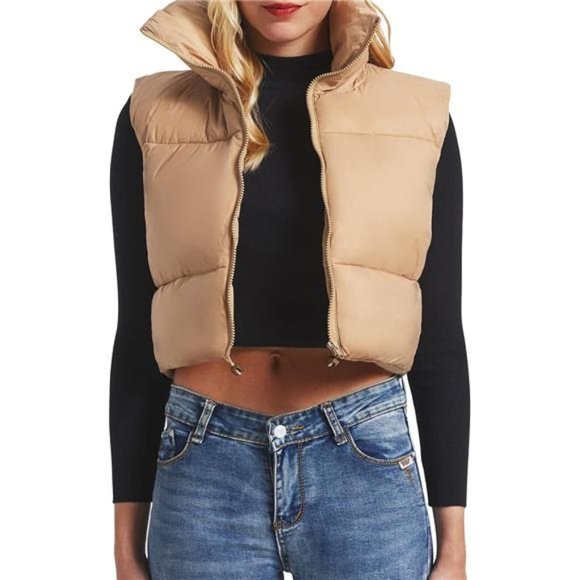 Women's Winter Cropped Puffer Vest Crop Jackets For Women Full Zip Stand Collar - Picture 4 of 6